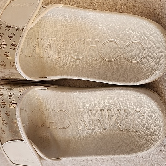 Jimmy Choo Womens White Slide Sandals With Clear Gold JCs Size 9 Preowned - Picture 8 of 12